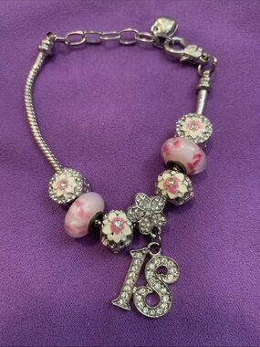 Silver-Tone Pink Floral Charm Bracelet with '18' Pendant